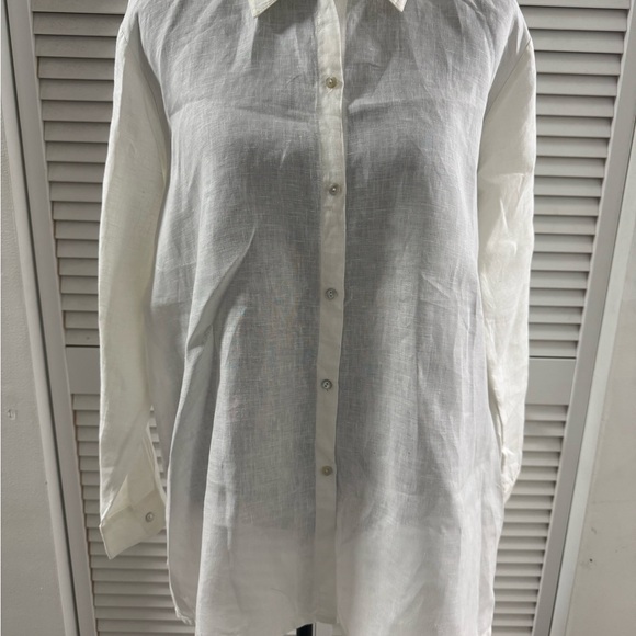 Eileen Fisher White Sheer Button Down Women's Med Long Sleeve Irish Linen Top - Picture 1 of 7